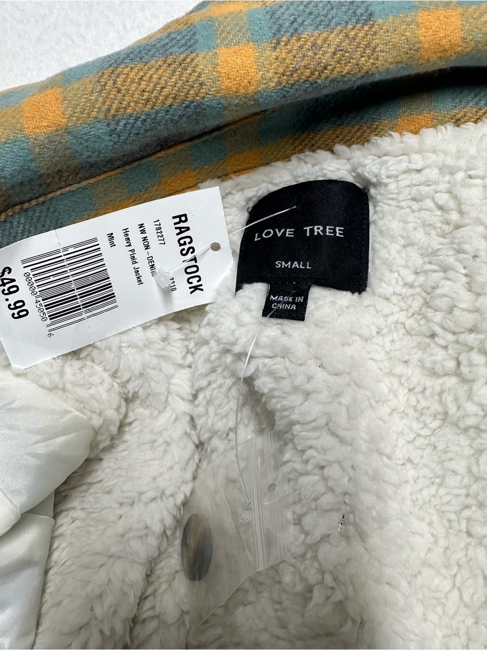 Love Tree NWT Plaid Sherpa Lined Shacket Jacket Oversized Small Green Mustard - Picture 5 of 6
